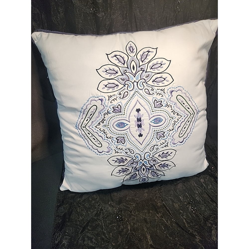 Bohemian Embroidered Throw Pillow 16x16 White Blue Purple Black